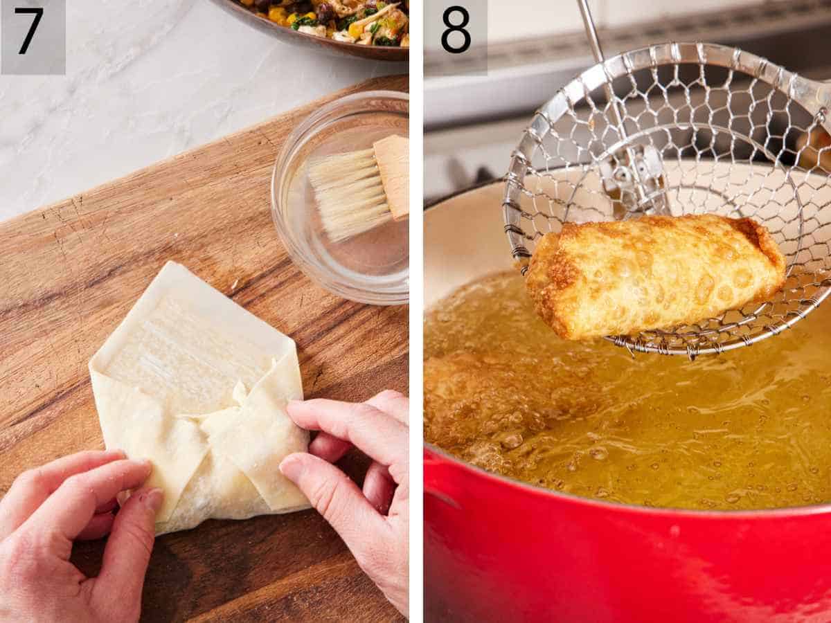 Set of two images showing the wrapping process continued, and a southwest egg roll deep fried on the stovetop.