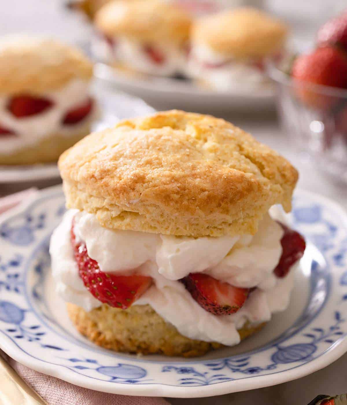 A strawberry shortcake without a second layer of creamy topping on a plate.