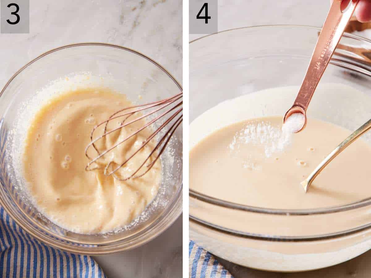Set of two images showing the mixture whisked more until smooth, and seasoned with more salt.