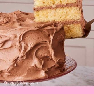 Pinterest graphic showing a yellow cake on a cake stand with one slice being lifted out.