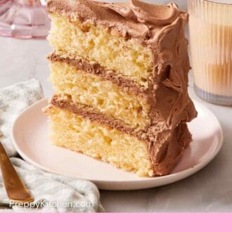 Pinterest graphic showing a slice of yellow cake on a plate alongside a glass of milk.