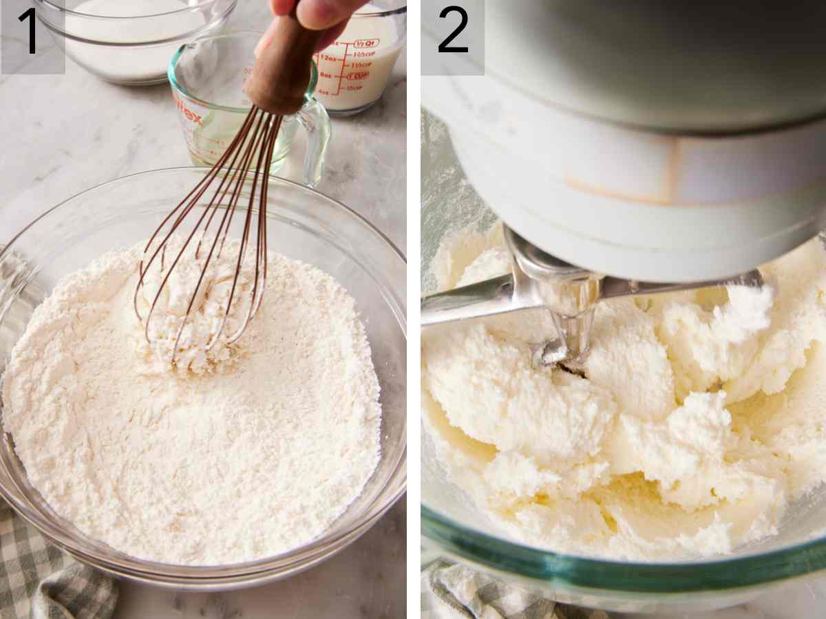 Set of two images showing dry ingredients whisked together, and wet ingredients mixed in a stand mixer.