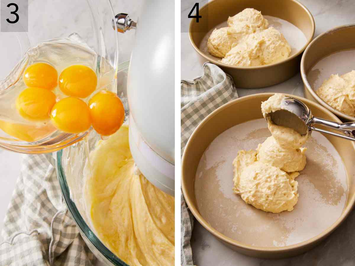 Set of two images showing egg yolks added and cake batter divided among three cake pans.