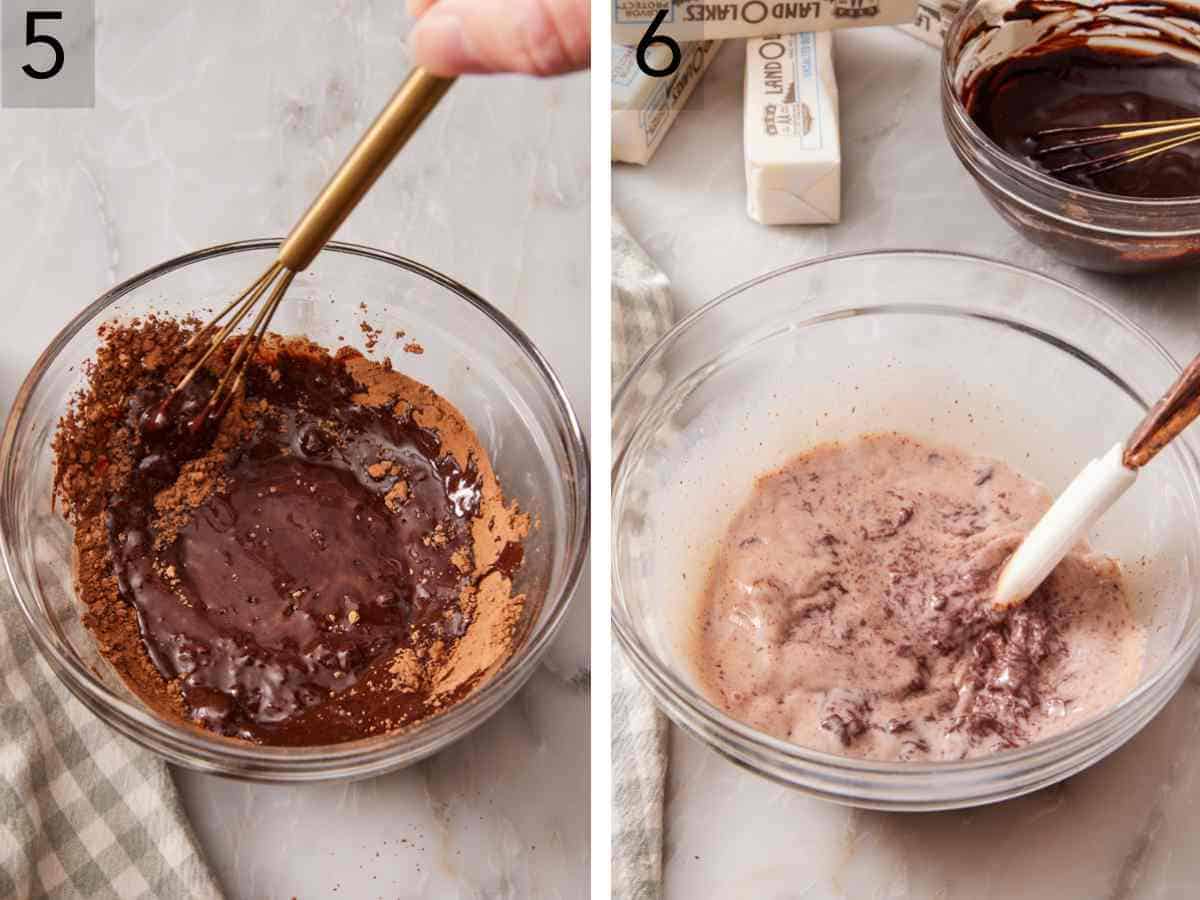 Set of two images showing cocoa powder mixed with melted butter, and chocolate mixed with milk.