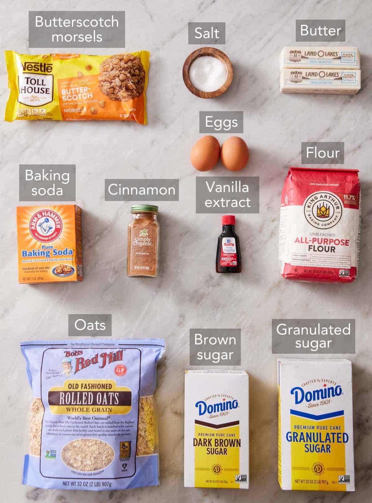 Ingredients for oatmeal scotchies.