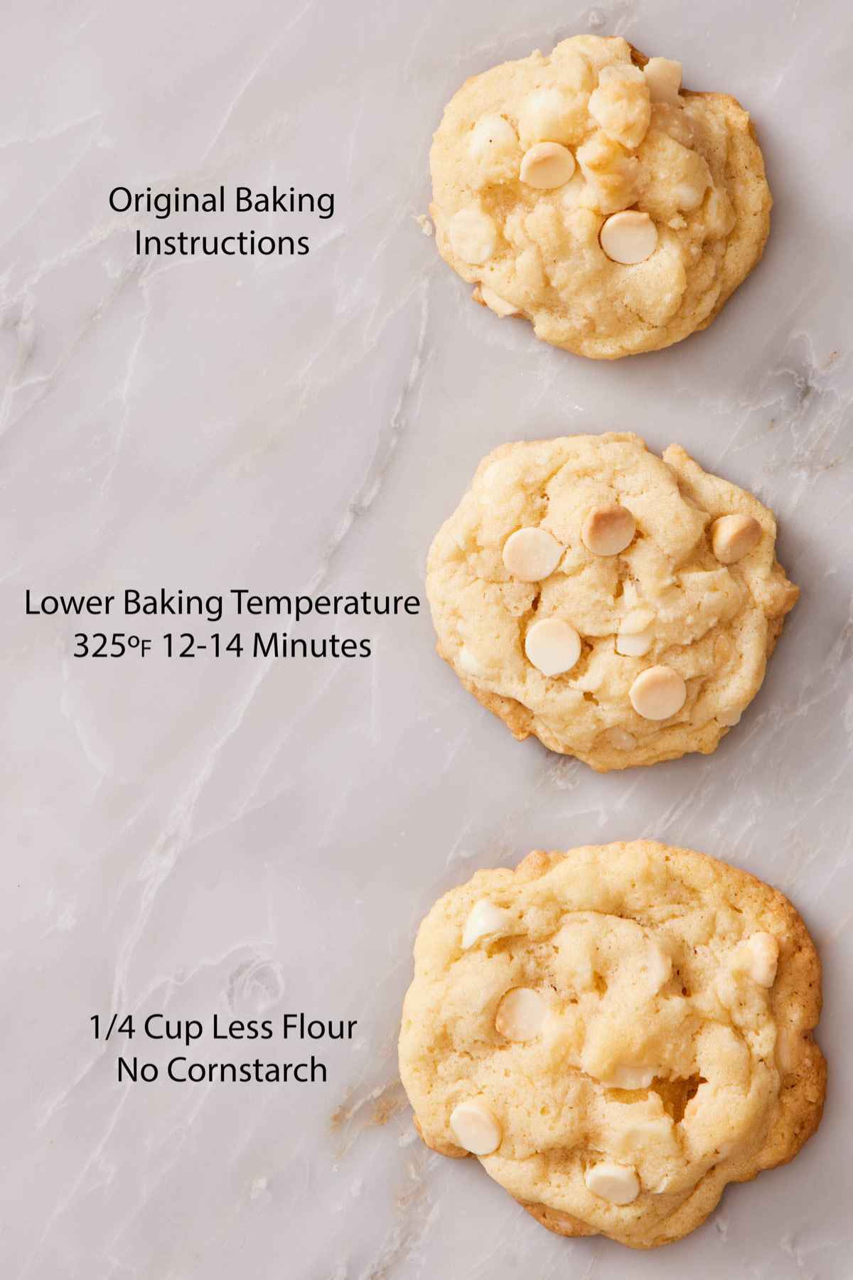 Three white chocolate macadamia nut cookies, showing cookies baked per recipe instructions, at a lower temp, and with less flour and no cornstarch.