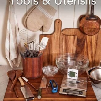 Pinterest graphic showing various essential kitchen tools & utensils like oven mitts, cutting boards, and spoons.
