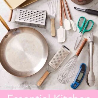 Pinterest graphic showing Overhead shot of various essential kitchen tools & essentials like pots, pans, spatulas, scissors, and more.