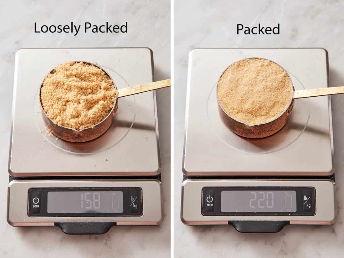 Set of two images showing the weight of loosely packed vs. packed brown sugar.
