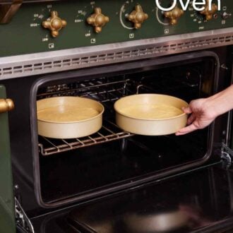 Pinterest graphic showing two cake pans placed in an oven.