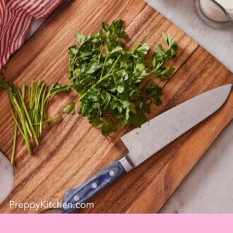 Pinterest graphic showing flat leaf parsley and a knife on a wooden cutting board.