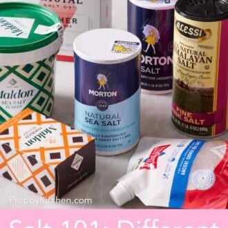 Pinterest graphic showing different brands of salt in containers.