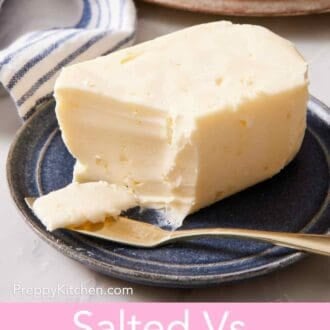 Pinterest graphic showing a close-up of a block of butter on a small plate with some shaved off onto a butter spreader.